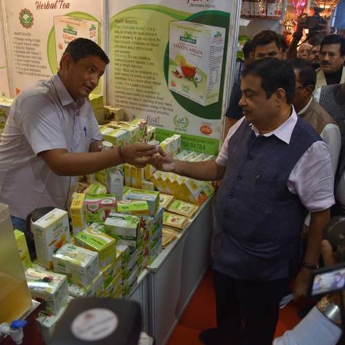 Sri Nitin Gadkari tasting Panchamrita Energy drink